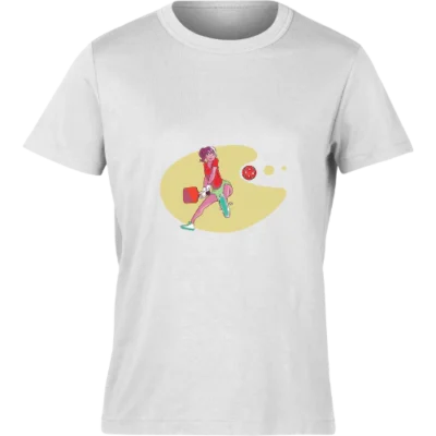 Pickleball player mid-swing